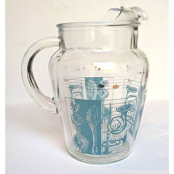 Vintage 1950s MCM Glass Barware Pitcher with Aqua Musical Instruments & Notes